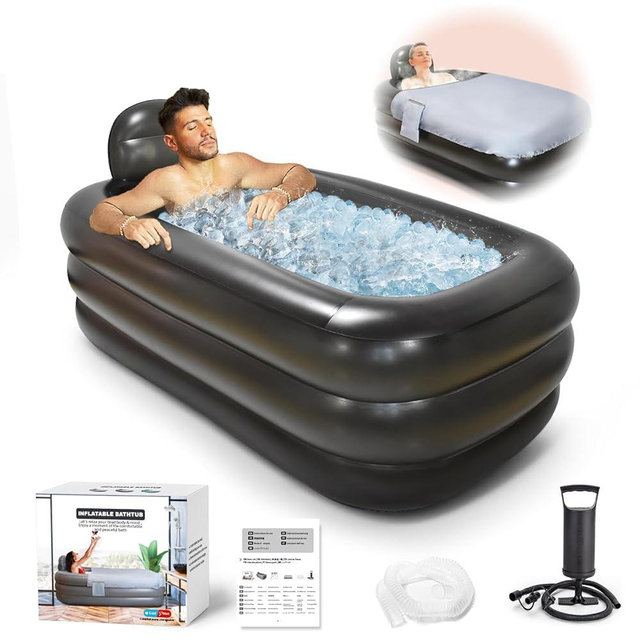 Nevife Inflatable Ice Bath Tub for Adults- Blow Up Bathtub with Cover&Comfort Floor,Foldable Tub for Shower, Spa, Ice Baths, Camping-Includes Hand Pump, XL (63x35.4x19.7 inches)