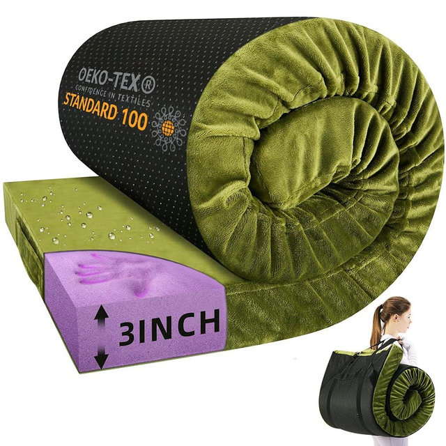 BDEUS Memory Foam Camping Mattress Pad 3inch Waterproof Roll Up Bed Sleeping Mat for Adults Portable Roll Up Mattress for Travel Guest Floor Bed Cot Mattress for Car, Tent