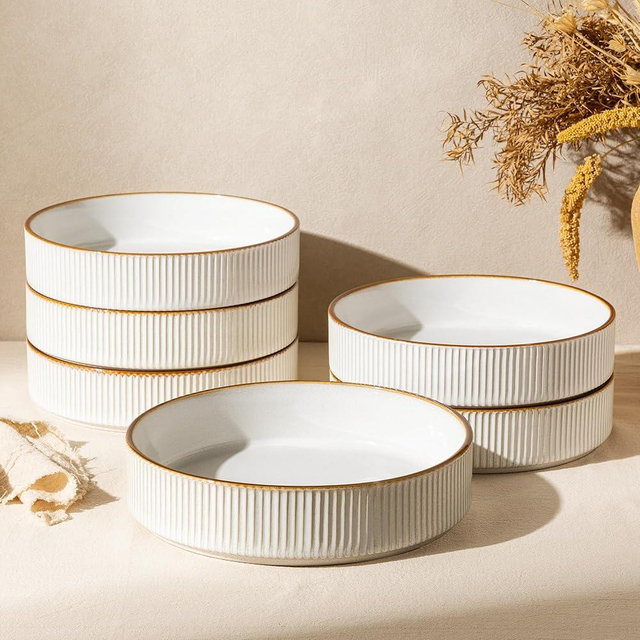 GBhome Pasta Bowls Set of 6, 7.5” Stoneware Dinner & Salad Bowls, Double Reactive Glaze Ceramic Soup Bowls, Stackable, Microwave & Dishwasher Safe, White with Honey-Brown Edge