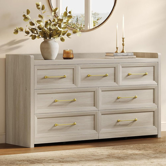 SICOTAS Dresser for Bedroom with 7 Drawers, 56.5" Wide Large Modern Dresser, Chest of Drawers for Living Room, Closet Clothes Storage Organizer Smooth Sliding Drawers, Grey White Oak