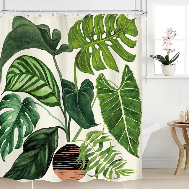 Mitpok Sage Green Tropical Leaves Shower Curtain Boho Palm Leaf Plant Monstera Banana Hawaii Botanical Jungle Rainforest Bathroom Decor Watercolor Nature 60Wx72H Bath Curtain Fabric 12 Pack Hooks