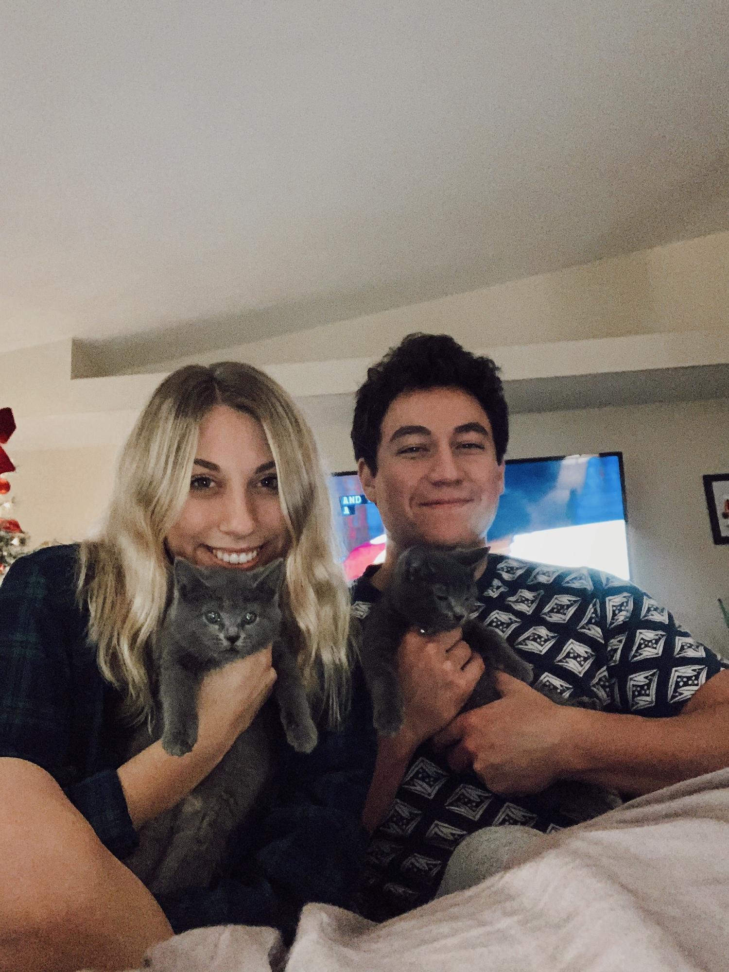 Mason and Taylor with their fur babies on their 1st night home, Duncan and Daisy (2020)