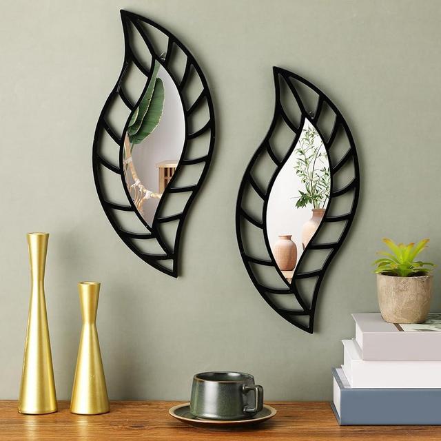 Roowest 2 Pcs Decorative Mirror Wall Decor Leaf Teardrop Mirror Wall Art Mirror Wall Mounted Decorations for Living Room Bedroom Bathroom Vanity Entryway Office(Black)