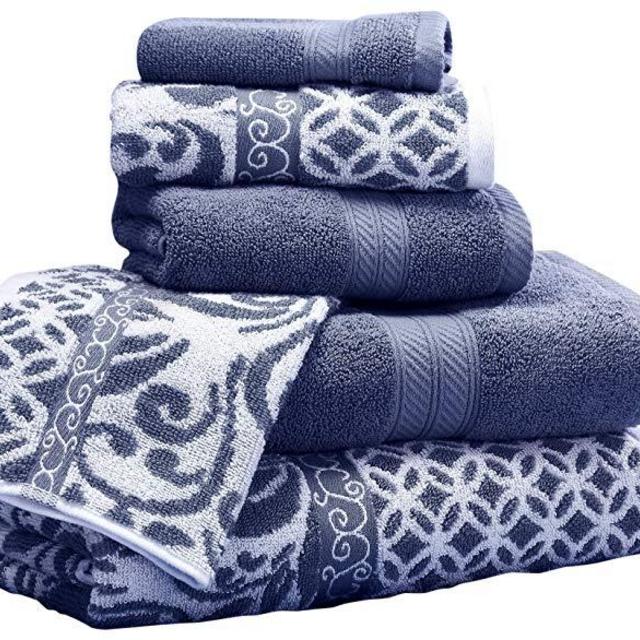 Amrapur Overseas | Trefoil Filigree 6 Piece Reversible Yarn Dyed Jacquard Towel Set (Indigo)