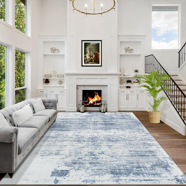 8x10 Area Rugs Washable Rug: Modern Abstract Living Room Rug Soft Anti-Skid Thin Carpet Indoor Floor Non-Shedding Carpets for Bedroom Dining Room Farmhouse Nursery Home Office Blue White