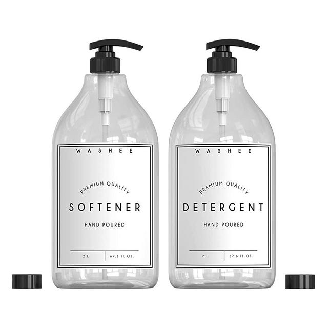 WASHEE Laundry Soap Dispenser Set - Large Laundry Detergent Dispenser & Fabric Softener Dispenser for Liquid (67.6 oz) PET Plastic Dispenser w/ Pumps, Caps, Labels
