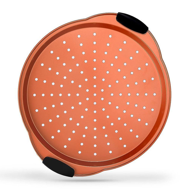 NutriChef Non-Stick Pizza Tray - with Silicone Handle, Round Steel Non-stick Pan with Perforated Holes, Premium Bakeware, Pizza Tray with Silicone and Oversized Handle, Dishwasher Safe - NCBPIZ4