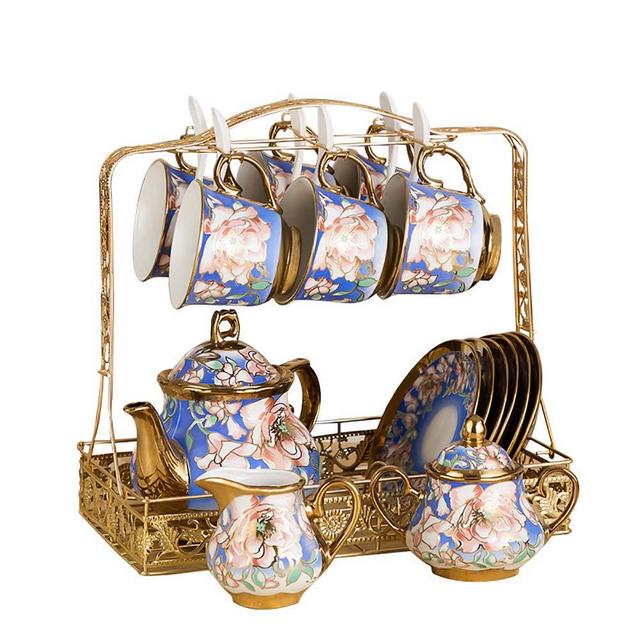 HAYC 15 pieces of European-style ceramic tea set Set, bone china tea cup Set, tea set, porcelain cup, adult tea set Set metal bracket (Pink flower）