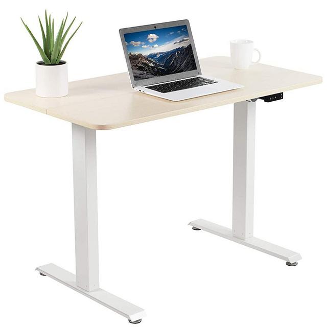 VIVO Electric Height Adjustable 44 x 24 inch Stand Up Desk, Complete Standing Workstation with Memory Controller, Light Wood 2 Part Top, White Frame, DESK-E144C