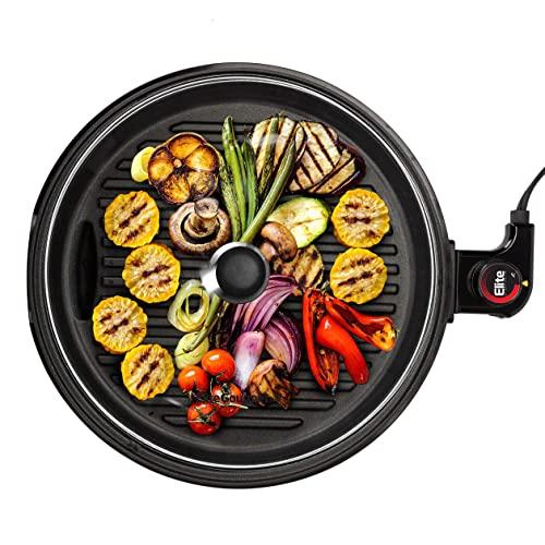 Elite Gourmet EMG6505G Large Indoor Electric Round Nonstick Grill Cool Touch Fast Heat Up Ideal Low-Fat Meals Easy to Clean Design Dishwasher Safe Includes Glass Lid, 12", Stainless Steel