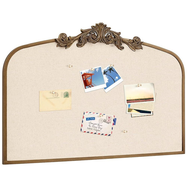 Wonderjune Vintage Framed Pin Board Linen Display Bulletin Board Large Fabric Picture Memo Decorative Prayer Pinboard for Xmas Gift Wall(Arch,23.6" X 35",Antique Golden)