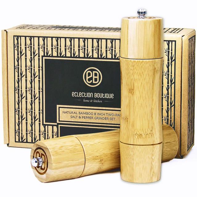 Bamboo Wooden Salt & Pepper Grinder Set, Ceramic Grinder Blades, 2 Pack 8-Inch Refillable Sea Salt Pepper Mill Set for Seasoning, Fresh Meal Prep, Cooking, Serving, Dining, Shakers Tableware Gifts