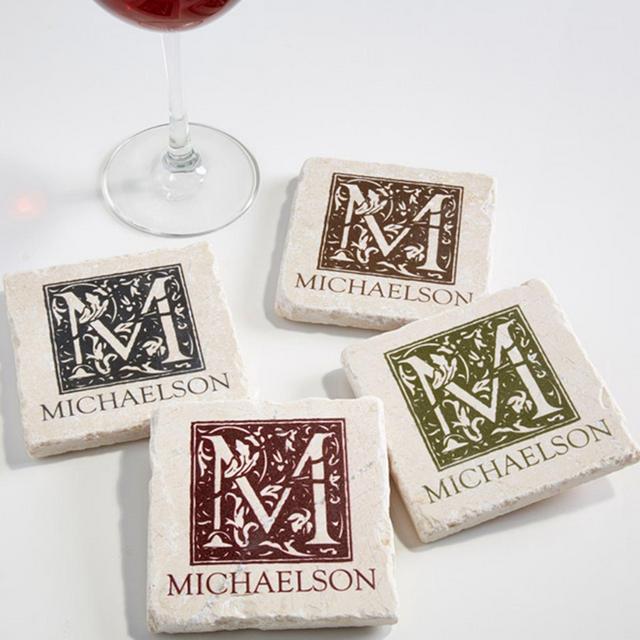 Floral Monogram Tumbled Stone Coasters (Set of 4)