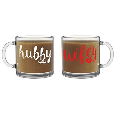 Wifey and Hubby Couples Sets - 13oz Glass Coffee Mug Couples Sets – Funny His and Her Gifts - Husband and Wife Anniversary Presents - By CBT Mugs
