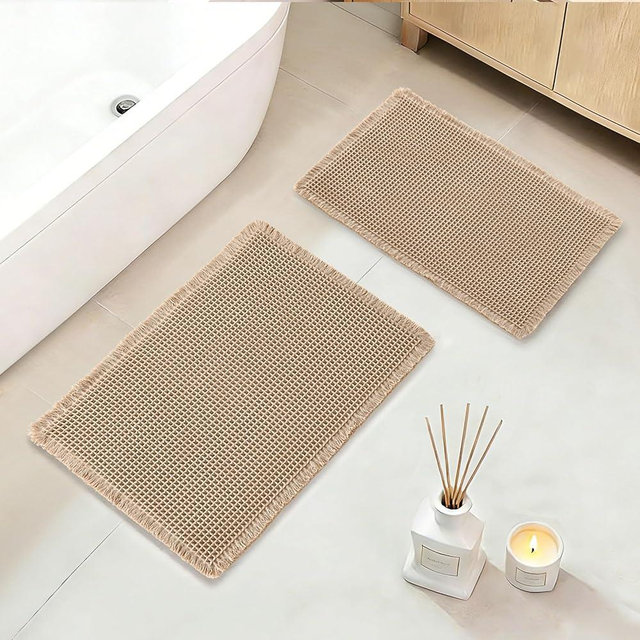 DWCN Waffle Bathroom Mat Set, Super Absorbent Non Slip Bath Rugs Set for Bathroom Floor, Shower Mats 2 Pcs for Tub, Washable Kitchen Rugs for Farmhouse Boho Home Decor, 24"x16"Plus 32"x20", Brown