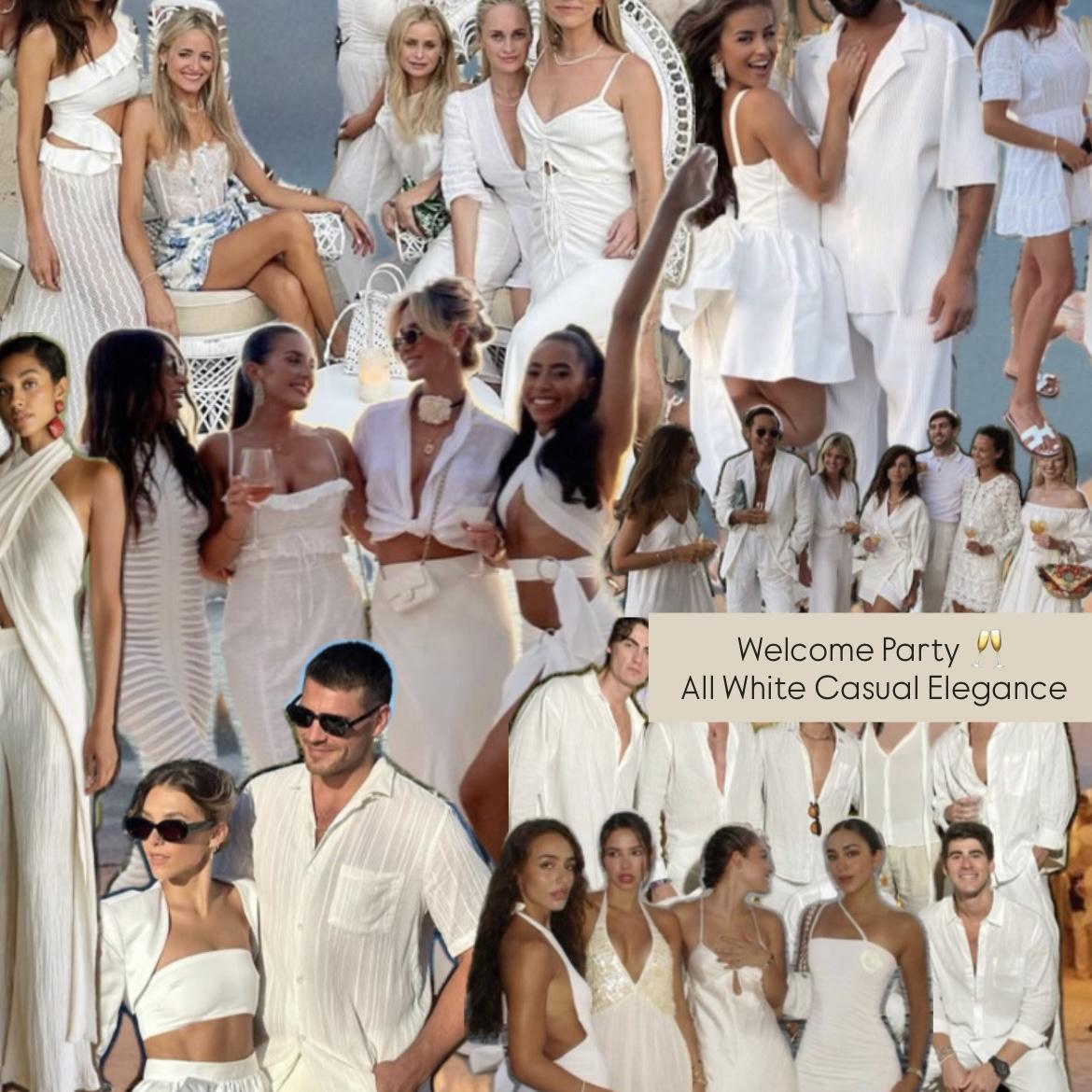 Attire: All White Casual Elegance. Think flowy white dresses, linen sets, chic jumpsuits. White shirts, polos, chinos, or shorts for men.