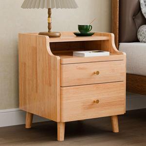 Nightstand with Drawers, Pre-Assembled, Natural Solid Wood Night Stand with Open Sliding Shelf - Natural Oak