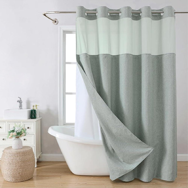 eachope No Hooks Needed Linen Textured Shower Curtain with Snap-in Fabric Liner Set,Hotel Luxury Decor Shower Curtains for Bathroom with Mesh Top Window,Waterproof & Washable,71Wx74H,Sage Green