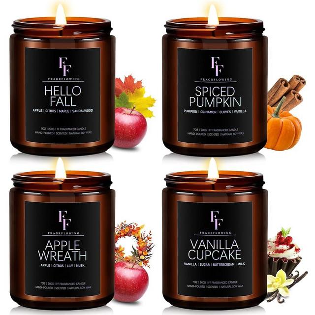 Fall Candles Set, Fall Scented Candles for Home, 4 Pack Natural Soy Autumn Candle, Fall Gifts for Women Men, Fall Fragrance of Pumpkin/Apple Wreath/Hello Fall/Vanilla Cupcake