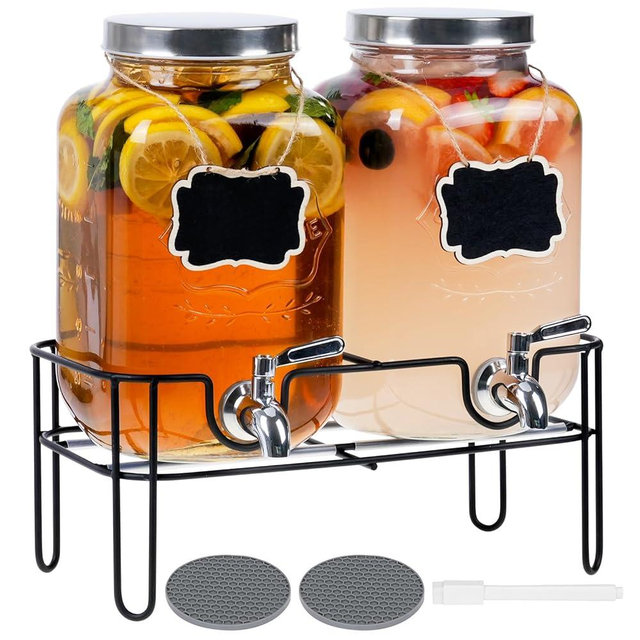Moretoes Glass Drinks Dispenser for Parties, 2 PACK 1 Gallon Beverage Dispenser with Stand for Juice and Iced Tea, Water Jug Dispenser for Lemonade, Party Essential Beverage Pitcher with Spout