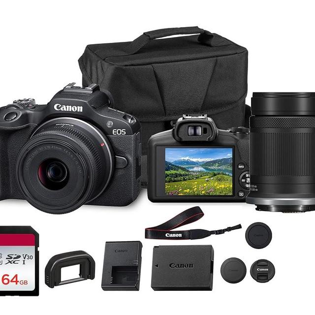 Canon EOS R50 Mirrorless Camera with 18-45mm & 55-210mm RF-S Lenses | 24.2MP APS-C Sensor, Dual Pixel CMOS AF, 4K Video | Compact Hybrid Camera Kit with Shoulder Bag and 64GB Card