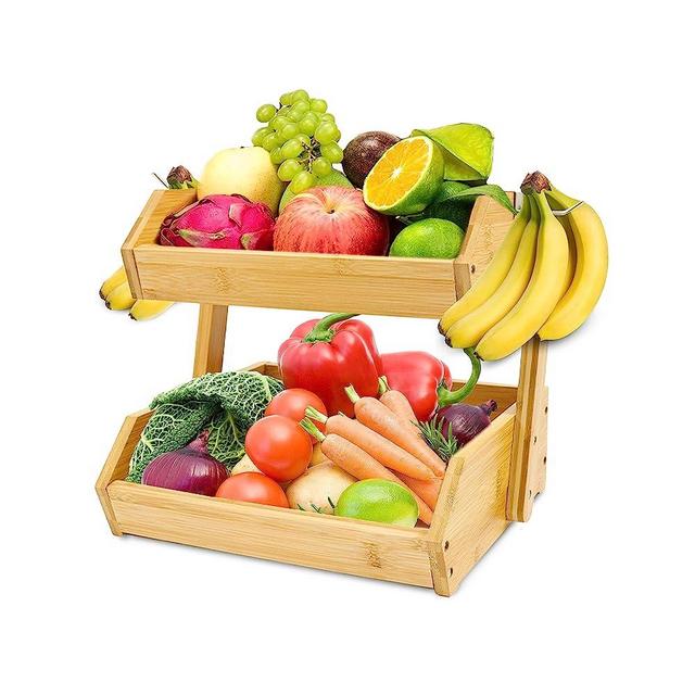 GET SORTED Bamboo Fruit Basket 2 Tier — 22+ Pounds Capacity, 12mm Thickness, Raised Bottom & 2 Movable Hooks — Ideal for Bread, Toiletries, Snacks, Seasonings on Kitchen Countertop, Dining Table, etc