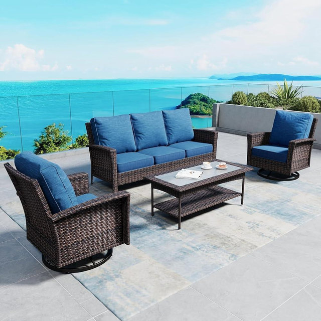 SUNSHINE VALLEY 4 Pieces Patio Furniture Set with Swivel Chairs, High Back Wicker Rattan Sofa with Extra Thick Cushion and Coffee Table, Outdoor Conversation Set for Garden Backyard Deck, Blue