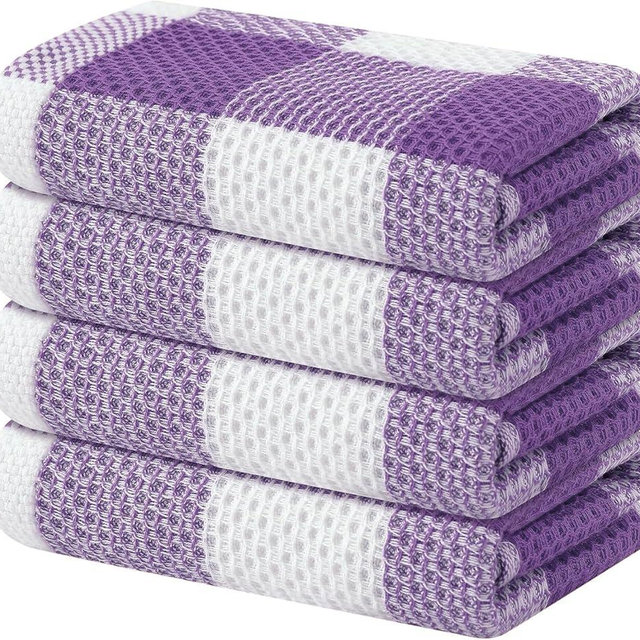 Homaxy 100% Cotton Waffle Weave Check Plaid Kitchen Towels, 13 x 28 Inches, Super Soft and Absorbent Dish Towels for Drying Dishes, 4-Pack, White & Purple
