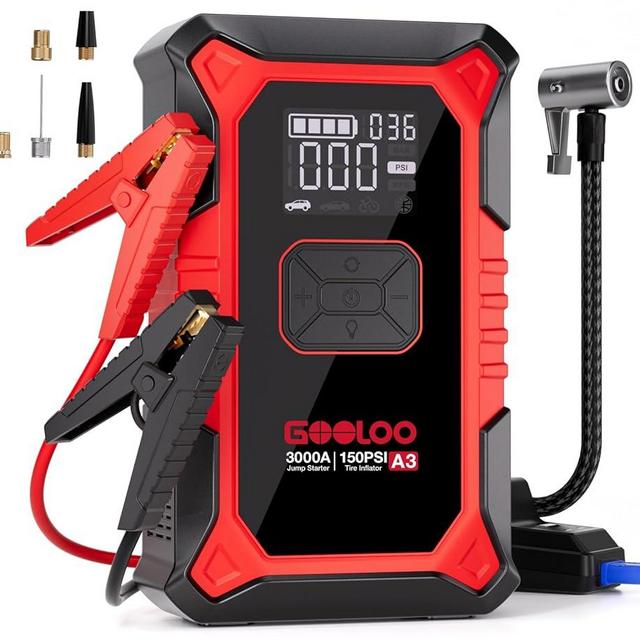 GOOLOO A3 Jump Starter with Air Compressor, 3000A Portable Car Battery Booster (9.0 Gas/6.5L Diesel) with 150PSI Auto-Shutoff Tire Inflator, 12V Supersafe Lithium Jump Box Car Battery Jumper Starter