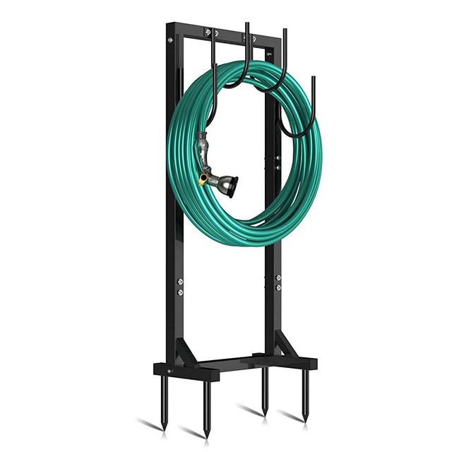 Winpull Garden Hose Holder Water Hose Holder with 4 Spikes, Freestanding Hose Hanger Outdoor Hold Stand Heavy Duty 4 Hooks Metal Garden Hose Storage Hose Reel Rack for Outside (Black)