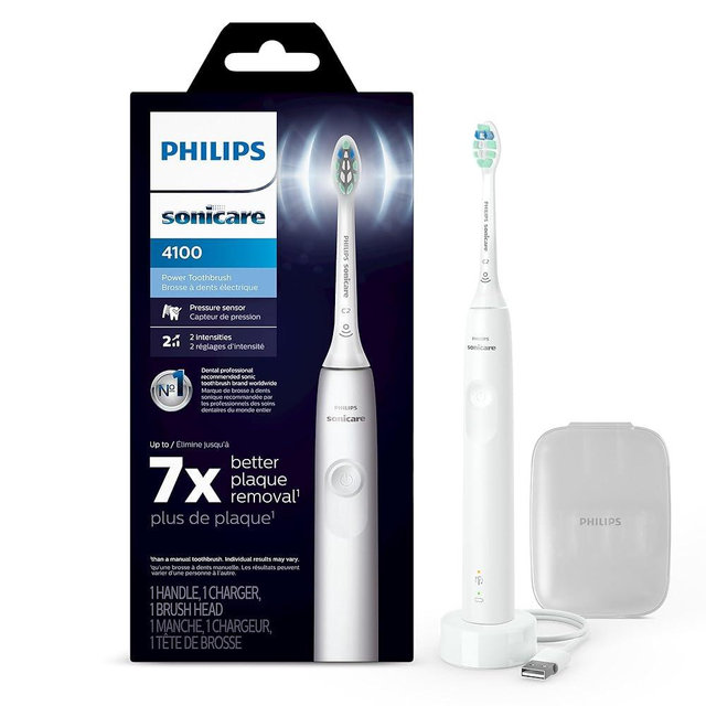 Philips Sonicare 4100 Rechargeable Electric Toothbrush, Advanced Plaque Removal, Pressure Sensor, Includes Brush Head Case, White BD5002AZ