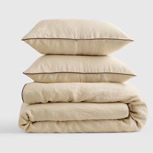 European Linen Piped Duvet Cover Set in Oat/Espresso, KING