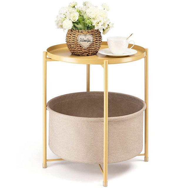 danpinera Round Side Table with Fabric Storage Basket, Metal Side Table Small Bedside Table Nightstand with Removable Tray Top for Living Room, Bedroom, Nursery, Laundry, Pale Yellow
