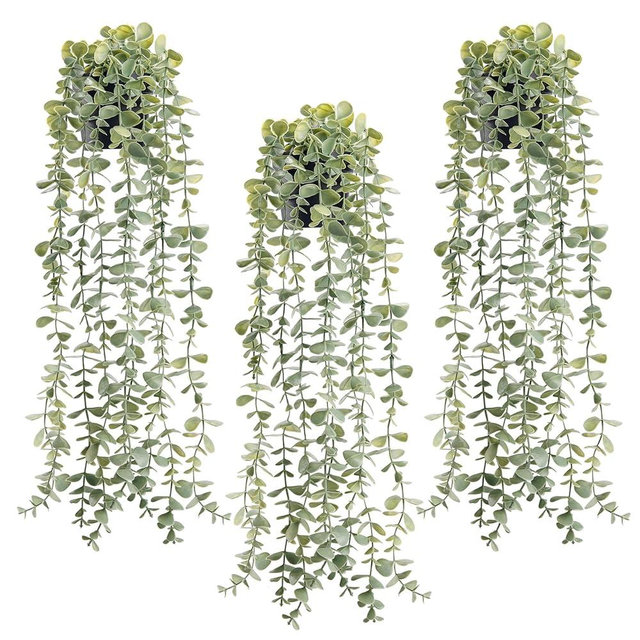 Der Rose 3Pcs Fake Plants Hanging Artificial Decor Faux Potted Eucalyptus Plants for Boho Bathroom Home Office Desk Wall Shelf Bookcase Accessories Decor Indoor