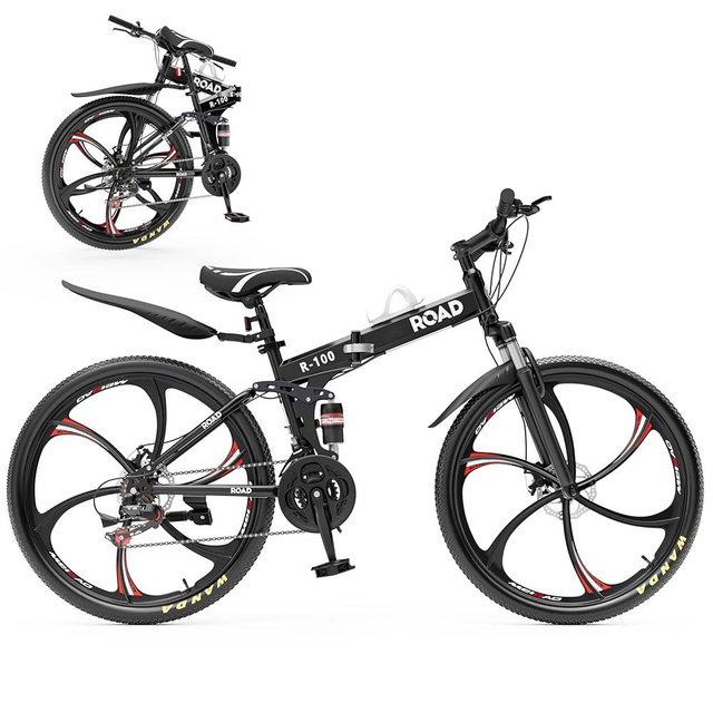 Outroad 26 Inch Folding Mountain Bike, 21 Speed Full Suspension High-Carbon Steel MTB Foldable Bicycle, Dual Disc Brake Non-Slip Folding Bikes for Adults/Men/Women, Black, Orange and Green