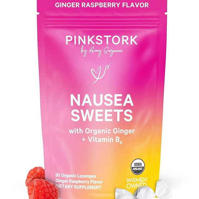 Pink Stork Organic Ginger Raspberry Sweets with Vitamin B6 for Morning Sickness and Motion Sickness, Added Ginger & Vitamin B6, 1st Trimester Pregnancy Must Haves - 30 Wrapped Candies
