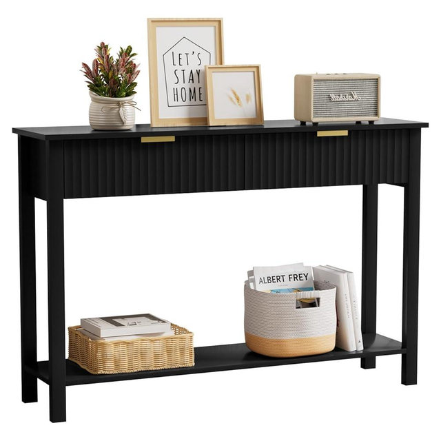 Black Entryway Console Table with 2 Fluted Drawers and Gold Handles, 47.2" Modern Sofa Table with Storage Shelf for Living Room and Hallway