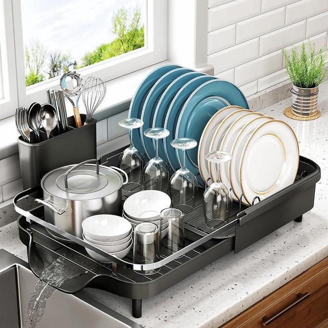 Dish Drying Rack - Expandable Dish Rack for Kitchen Counter, Stainless Steel Dish Drainer with Drainboard Set and Utensil Holder, Sink Drying Dish Strainer Rack, Black