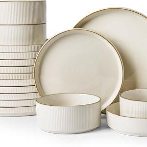 Famiware Star 24-Piece Stoneware Dinnerware Set with Trim, Service for 6 - Shallow Pasta Bowls & Flat Plates, Dishes for Everyday & Formal Use, Chip/Scratch Resistant, Microwave/Dishwasher Safe, White