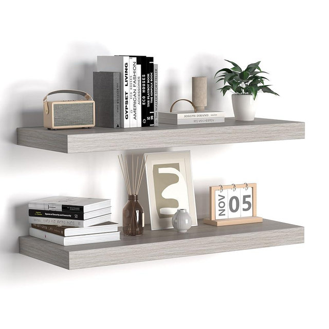 Floating Shelves - 24 Inch Rustic Wooden Wall Shelves - Extra Deeper & Thicker Wall Mounted Storage Shelf for Living Room, Kitchen, Farmhouse - 24" W x 9" D x 1.6"H - Rustic Grey, 2 Pack