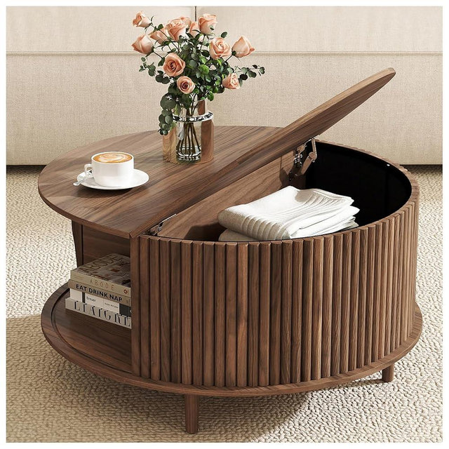 JOINICE Round Coffee Table with Storage, 31.5" Walnut Wood Drum Table, Fluted Circle Center Table for Living Room, Modern Mid Century Furniture with Sliding Door