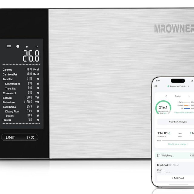MrOwner Smart Food Kitchen Scale with Nutritional Calculator, Free App with 19 Nutrients Tracking, Calorie, Marco, Digital Weight Grams and Ounces for Weight Loss, Premium Stainless Steel, 22lb