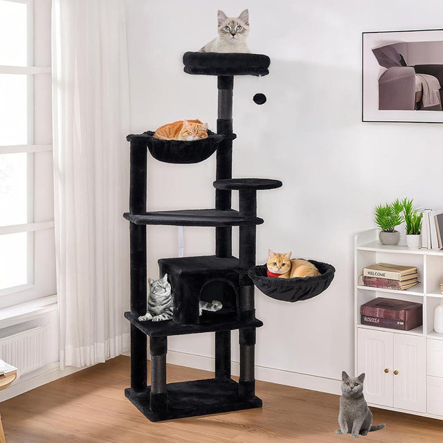 GOXIFACHOY Tall Cat Tree,63in Multi-Level Cat Tower for Indoor Cats Large Adult,Gothic Cat Stand with Scratching Posts,Basket,Condo,Plush Perch,Cats Toys for Climbing,Interactive and Hidden,Black