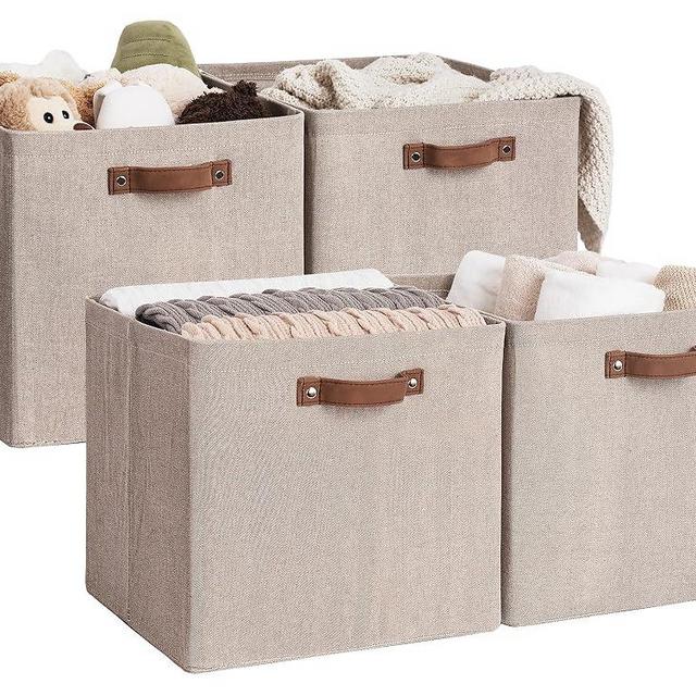 StorageWorks 13x13 Storage Cubes, Collapsible Storage Bins Organizer for Closet, Fabric Storage Box with PU Handles, Brown and Beige, 4-Pack
