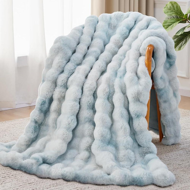 Anysay Faux Fur Throw Blanket, 1000GSM Fluffy Soft Bubble Blanket for Couch Bed, Cozy Plush Warm and Thick Rabbit Blanket for Living Room Bedroom 90''*104'' Tie-dye Blue