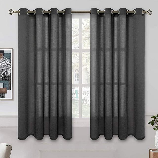 BGment Linen Look Semi Sheer Curtains for Bedroom, Grommet Light Filtering Casual Textured Privacy Curtains for Living Room, 2 Panels (Each 52 x 45 Inch, Black)