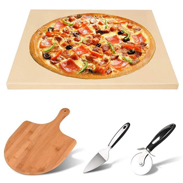 AlexHome Pizza Stone for Oven and Grill,15"x12" Durable and Safe Baking Stone for Grill, Thermal Shock Resistant Cordierite Pizza Stone and Peel/Cutter Wheel/Pie Server,15 x 12 Inch,6.7Lbs