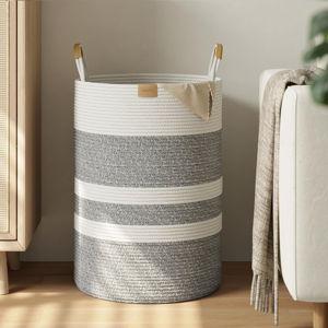 Laundry Hamper with Leather Handles, Grey & White 95L