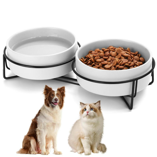Ceramic Dog and Cat Bowl Set with Stand, 3.6 Cups Dog Food and Water Bowl Suitable for Small and Medium Pets (28.7oz White)
