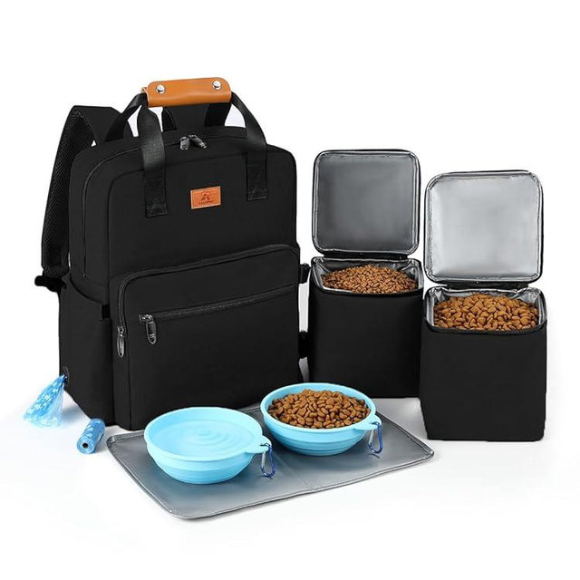 Dog Travel Bag, Airline Approved Organizer Backpack with Multi-Function Pockets, 25L Accessories Set with 2 Food Storage Containers, 2 Foldable Bowls for Weekend